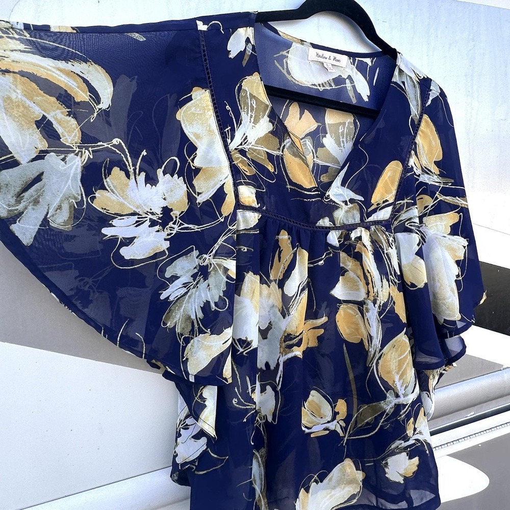Harlow‎ & Rose Sheer Floral Top Size L Blue & Yellow Bohemian Flutter Sleeves